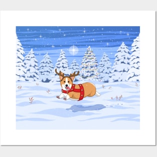 Cute Tan Pembroke Corgi in Reindeer Christmas Costume Posters and Art